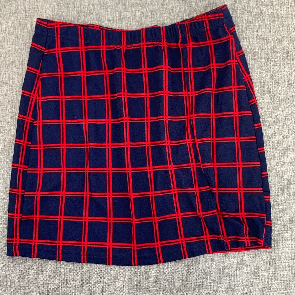 New Mini Plaid Skirt Slit Elastic waist Medium Bodycon Super Short Red Navy Blue